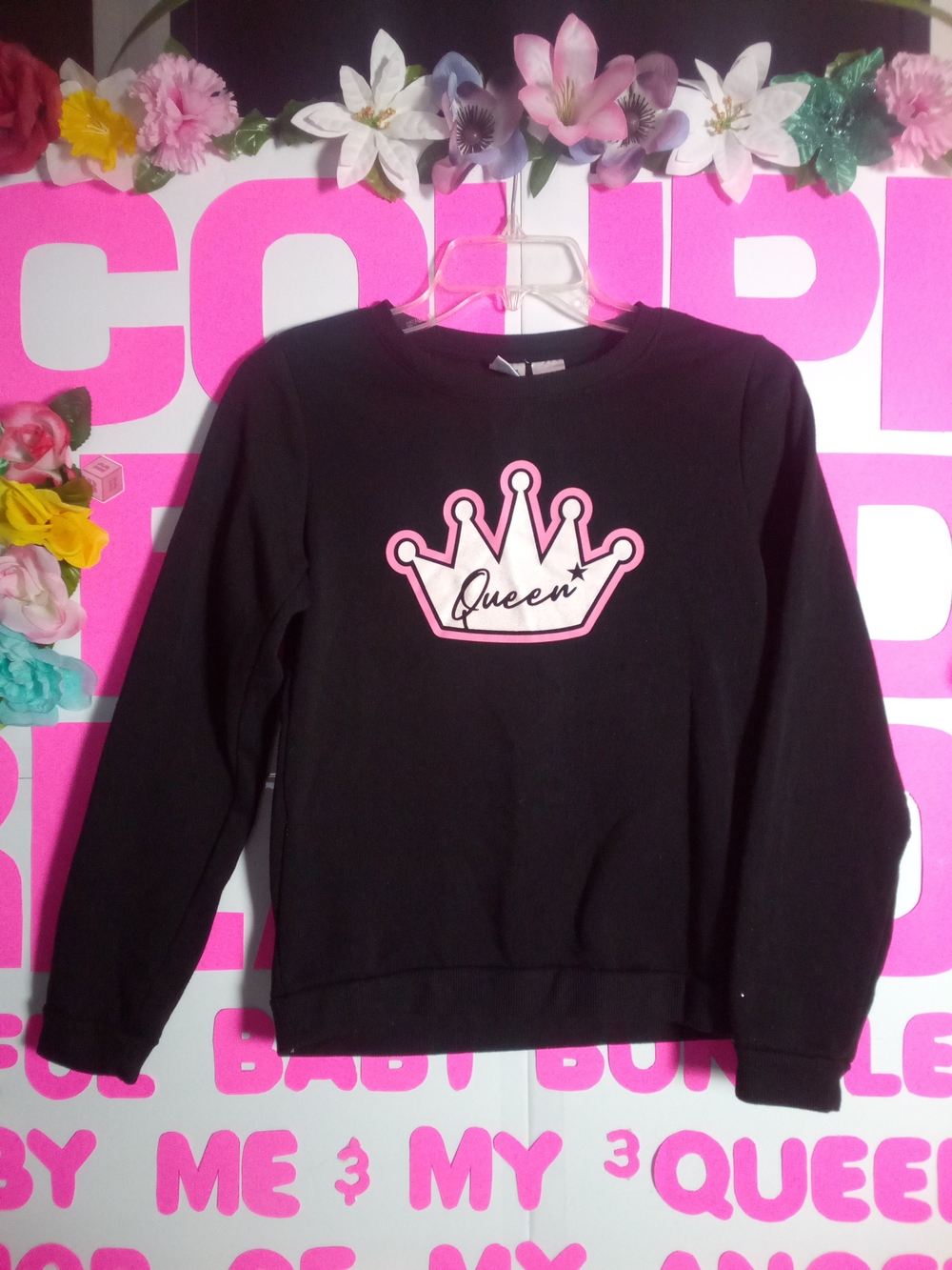 Girls' Black 'Queen' Crown Sweatshirt - Pink Accent